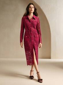 Anewsta Vestido elegante francés de unicolor con encaje frontal, botones en la cintura y cierre a la cintura - Rojo - Ver 5