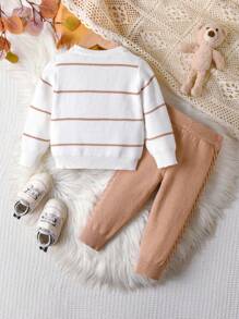 2 Peças Conjunto de Malha Listrado para Bebê Menino, Suéter de Gola Redonda de Manga Longa e Calça Casuais e da Moda, Macio e Versátil, Outono/Inverno