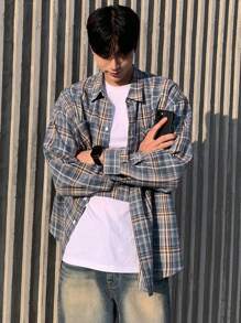 DAZY 男士休闲通勤格子印花长袖衬衫，秋季 - 藍色 - 查看 6