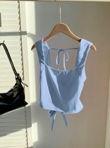 Comfortcana Summer Blue Knit Backless Tie Strap Camisole - Baby Blue - View 4