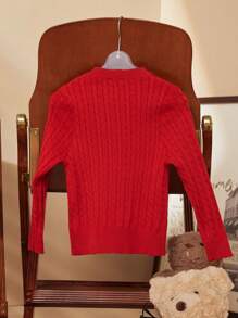 PrepCrw 年轻女孩松鼠刺绣长袖单排扣休闲开衫，秋冬 - 紅色 - 查看 2