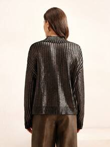Anewsta High-End French Style Gold Foil Embellished Crew Neck Sweater Knit Pullover Fall Winter Sweater - Gold - View 8