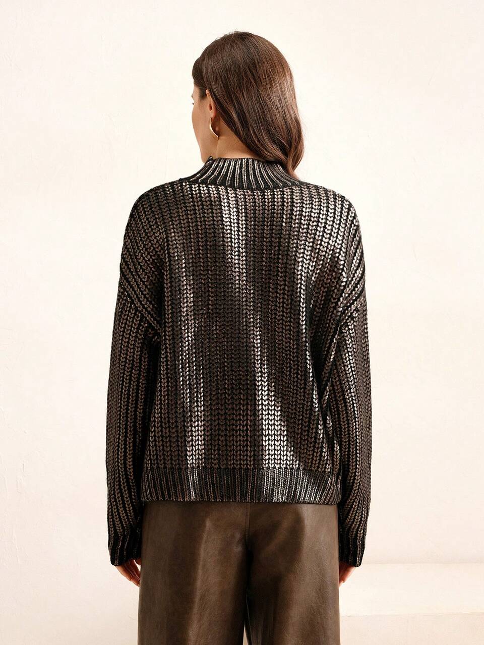 High-End French Style Gold Foil Embellished Crew Neck Sweater Knit Pullover Fall Winter Sweater