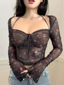 DAZY 玫瑰印花抽绳透视网纱长袖修身T恤，情人节女士款，秋季女士复活节款 - 黑色 - 查看 6