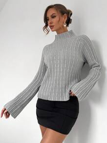 SHEIN Unity Casual Solid Color Turtleneck Cropped Sweater, Autumn/Winter Knit Pullover Fall - Light Grey - View 3