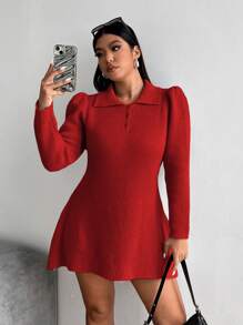 Calvaya Plus Size Knitted Turtleneck Long Sleeve Puff Sleeve Sweater Dress, Autumn/Winter - Red - View 4