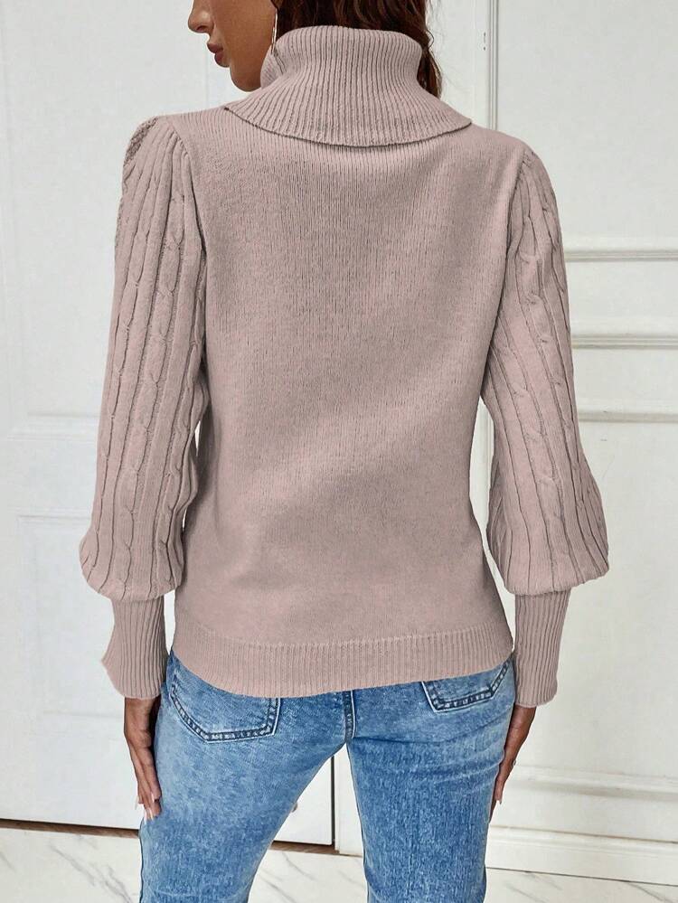 Solid Color Turtleneck Lantern Sleeve Sweater,Long Sleeve Tops Knit Pullover Fall Winter Sweater