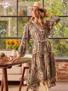 LanaWest Women's Casual Loose Fit Puff Sleeve High-Low Hemline Dress With Paisley Flower Print, Autumn Maxi Women Outfit - Multicolor - View 3