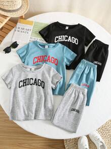 Conjunto de 6 piezas de ropa informal para niños pequeños con camiseta de cuello redondo con letras en inglés y pantalones cortos, apto para fiestas callejeras y en casa. Incluye chaqueta. Adecuado para niños en edad escolar, para usar a diario, para viajar, hacer deporte y en primavera, verano e invierno. Diseño de alto rendimiento.