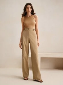 Anewsta Calça Cargo Reta de Cintura Alta Feminina, Estilo Casual com Leve Elasticidade, Versátil para Uso Casual e Profissional - Caqui - Visão 4