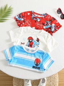SHEIN Compra dos y llévate gratis. Camisa de punto de manga corta con cuello redondo suave y cómoda, de estilo casual y sencillo, práctica y versátil, adecuada para uso diario, la escuela, los viajes y los deportes, en primavera y verano, para niños pequeños.
