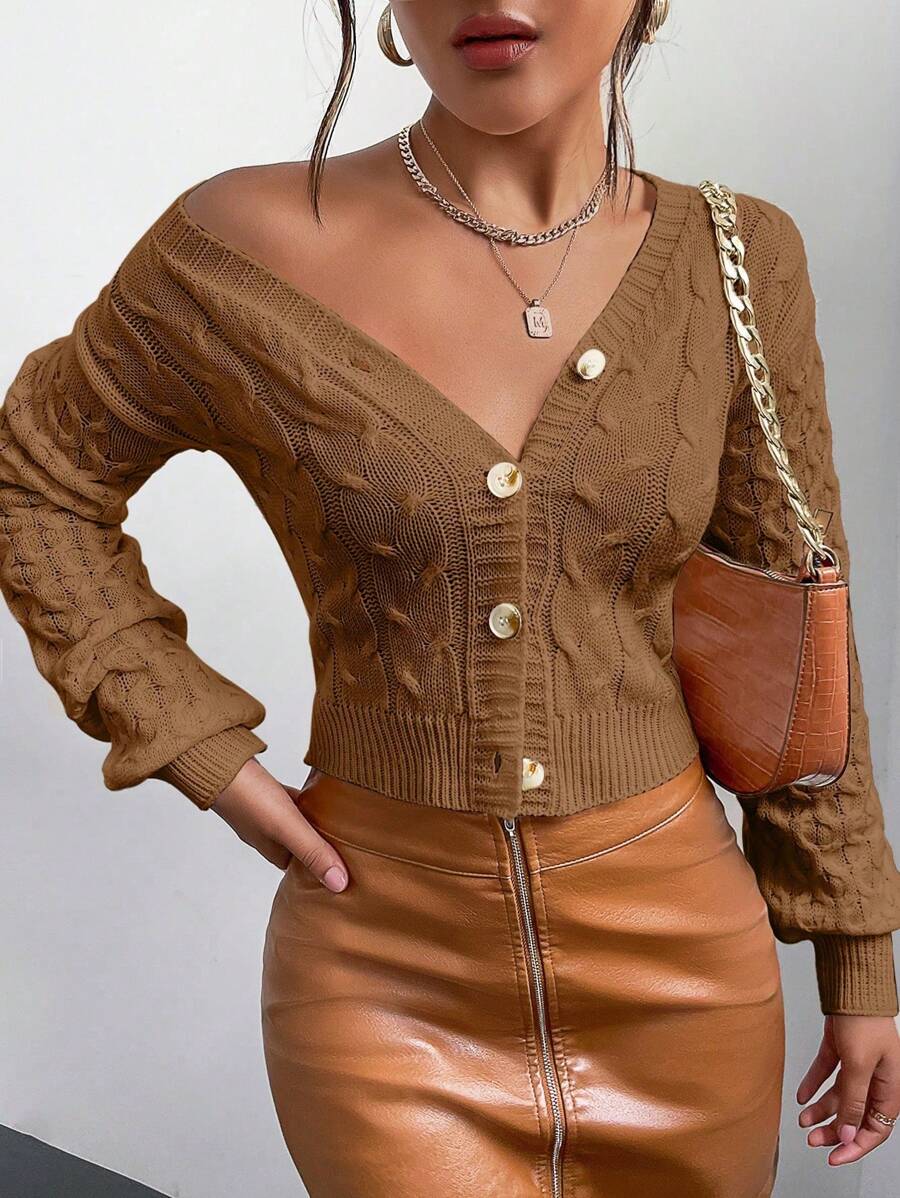 Chiquease Women's Solid Color Long Sleeve Single-Breasted Short Casual Cardigan, Autumn/Winter - Coffee Brown - View 1