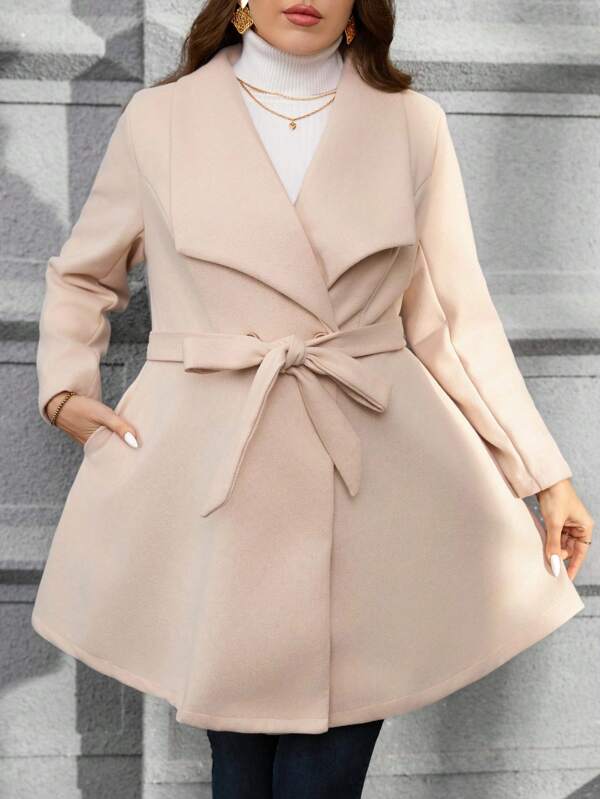 SHEIN Clasi Abrigo elegante de manga larga con solapa grande de unicolor para mujer de talla grande, otoño/invierno