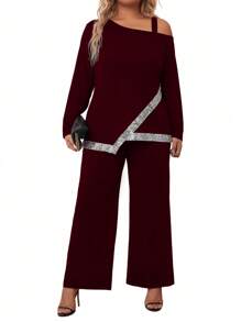 SHEIN LUNE 大码女式亮片拼布不对称下摆针织上衣和休闲裤 2 件套