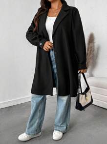 SHEIN Essnce Plus Size Women Jesień I Zima Moda Swobodna Luźna Wygodna Talia Czarny Podstawowy Klasyczny Długi Rękaw Długi Wełniany Płaszcz, Zimowe Stroje Damskie, Stroje Damskie Zachodnie, Ciepłe Płaszcze Damskie, Kurtka Zimowa, Czarny Płaszcz, Płaszcze Curve