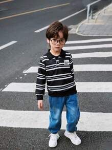 2pcs/Set Young Boy Spring Autumn Polo Collar Long Sleeve Sweatshirt + Casual Elastic Waist Wide Leg Pants, Versatile 2 Pieces Outfit - Black - View 1