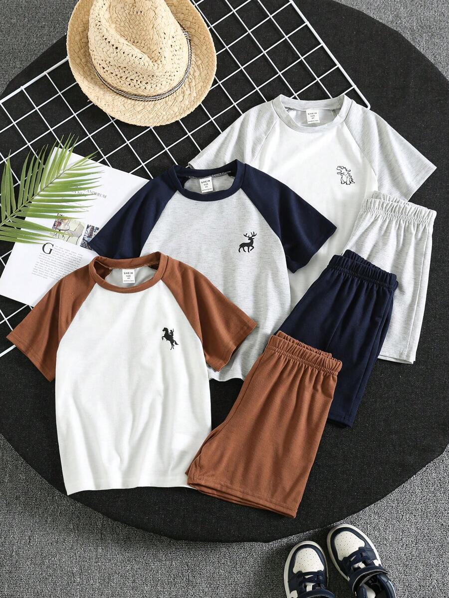 6 Pieces Young Boys Little Pattern Colorblock Crew Neck Raglan T-Shirt And Shorts Suitable For Commuting To School Daily - White - View 1