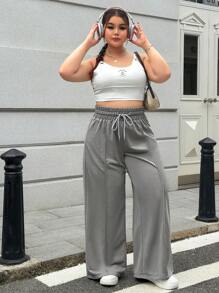 SHEIN EZwear Quần dài ống rộng cạp rút dây Plus - Xám - Xem 7