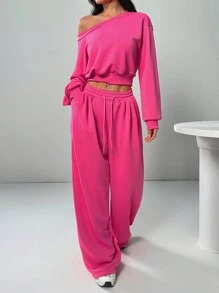 SHEIN EZwear 1pc Set Oblique Shoulder Sweatshirt & Sweatpants