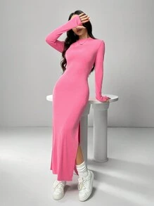 SHEIN EZwear 女士纯色圆领长袖休闲开衩下摆紧身连衣裙 - 粉色 - 查看 7