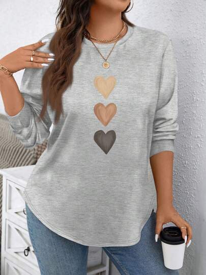 SHEIN LUNE Sudadera gris de cuello redondo de talla grande con estampado minimalista de corazón y flor para talla grande