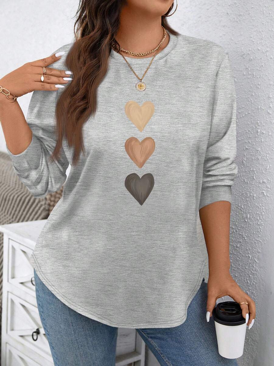 SHEIN LUNE Áo nỉ cổ tròn in hoa hình trái tim tối giản cỡ lớn, màu xám - Xám - Xem 1