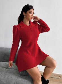 Calvaya Plus Size Knitted Turtleneck Long Sleeve Puff Sleeve Sweater Dress, Autumn/Winter - Red - View 7