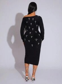 BamGleam Women's Cross Jacquard Off Shoulder Long Sweater Dress, Casual & Minimalistic, Autumn/Winter Fall Cloth For Women - Black - View 2