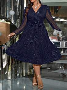 SHEIN Clasi Plus Size Women's Solid Color Rhinestone Decor V-Neck Mesh Long Sleeve Elegant Dress