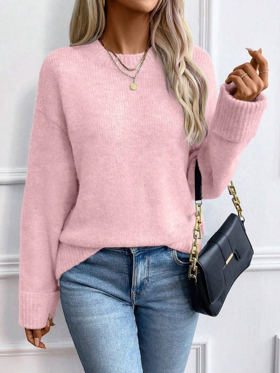 EMERY ROSE Women's Casual Solid Color Drop Shoulder Sweater, Autumn/Winter Knit Pullover Fall - Pink - View 1
