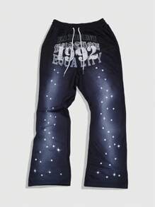 ROMWE MEN Street Life Pantalones rectos de uso diario casual con gráfico de letra lavada estilo urbano para hombres - Multicolor - Ver 6