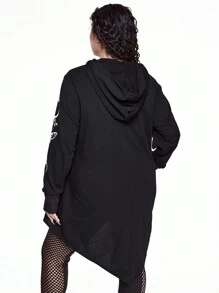 ROMWE Goth 大码女式哥特式不对称下摆棉质连帽运动衫，带口袋