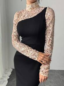 Chiquease Women Elegant Sequin Splice Stand Collar Contrast Color Long Dress - Multicolor - View 4