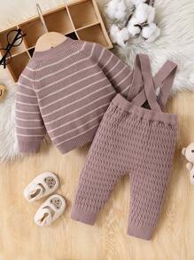 男婴秋冬装，复古绅士条纹针织 2 件套，时尚休闲百搭婴儿套头毛衣和围兜工作服 - 卡其色 - 查看 2