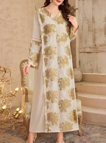 Al Najma 女士花卉亮片 V 领长袖阿拉伯传统连衣裙 - 彩色 - 查看 2