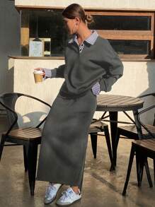 DAZY 2 件套女士撞色拼接长袖宽松运动衫和直筒 A 字裙套装，秋季女装