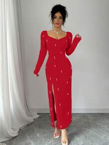 Rafferiza Sexy French High-End Beaded Slit Dress - Red - View 5