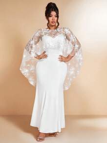 Cravure Women's Solid Color Lace Knitted Mermaid Dress, Wedding - White - View 4