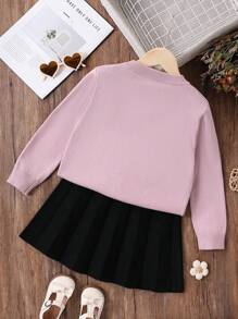 SHEIN Set 2 Potong untuk Anak Perempuan, Kardigan Rajut Merah dengan Hiasan Pita 3D dan Rok Lipit, Musim Gugur/Dingin - Dusty Pink - View 2