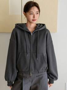 Dazy-Less 女士纯色宽松休闲简约连帽短款运动衫连帽衫，秋季服装拉链夹克 - 深灰色 - 查看 6