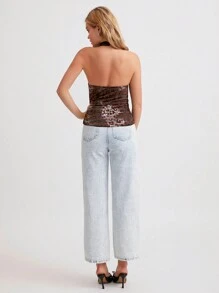 Flirla 1 pieza Parte superior halter de mujer con estampado de leopardo vintage flockado de tela de malla, cintura entallada, adecuado para fiestas, camiseta de mujer con estampado de guepardo gráfico de otoño/invierno