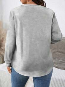 SHEIN LUNE Áo nỉ cổ tròn in hoa hình trái tim tối giản cỡ lớn, màu xám - Xám - Xem 2