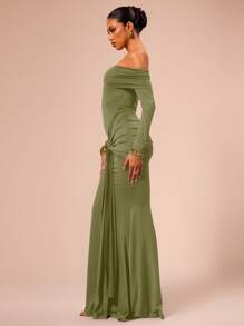 MUSERA 露肩长袖裹身长裙，适合春夏度假、婚礼宾客、海滩度假、伊比沙岛、性感毕业典礼、夜晚外出、婚礼宾客、优雅约会之夜、派对等场合，是夏季的理想之选。 - 軍綠色 - 查看 3