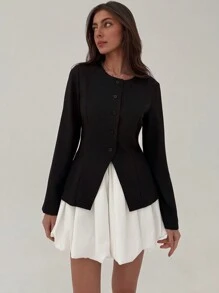 Aloruh 女士纯色圆领长袖单排扣夹克和中长裙两件套，优雅，秋季 - 黑與白 - 查看 1