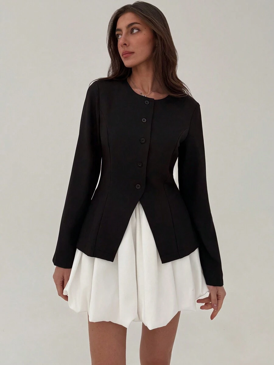 Aloruh 女士纯色圆领长袖单排扣夹克和中长裙两件套，优雅，秋季 - 黑與白 - 查看 1