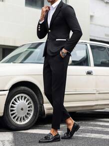 Calvornis Men's Contrast Color Lapel Neck Long Sleeve Jacket And Pants Casual Suit Set, Autumn ,Men's Business Commute INS Versatile Black Suit Set With Golden Buttons. Men Two Pieces Outfits - Black - View 4