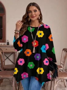 EMERY ROSE Casual Versatile Colorful Floral All-Over Print Plus Size Loose Long Sleeve T-Shirt