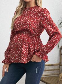 SHEIN Maternity Ditsy Floral Frill Trim Blouse Autumn - Burgundy - View 1