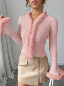 Chiquease 女士纯色毛领拼布针织开衫，秋冬