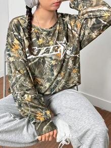 SHEIN Girlism Conjunto de 2 piezas para adolescentes, con estampado de camuflaje y rama de árbol, deportivo, urbano, de vuelta al colegio, genial, sudadera verde y pantalones